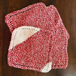 Handmade Red and White Knit Washcloths 4 pack 100% cotton